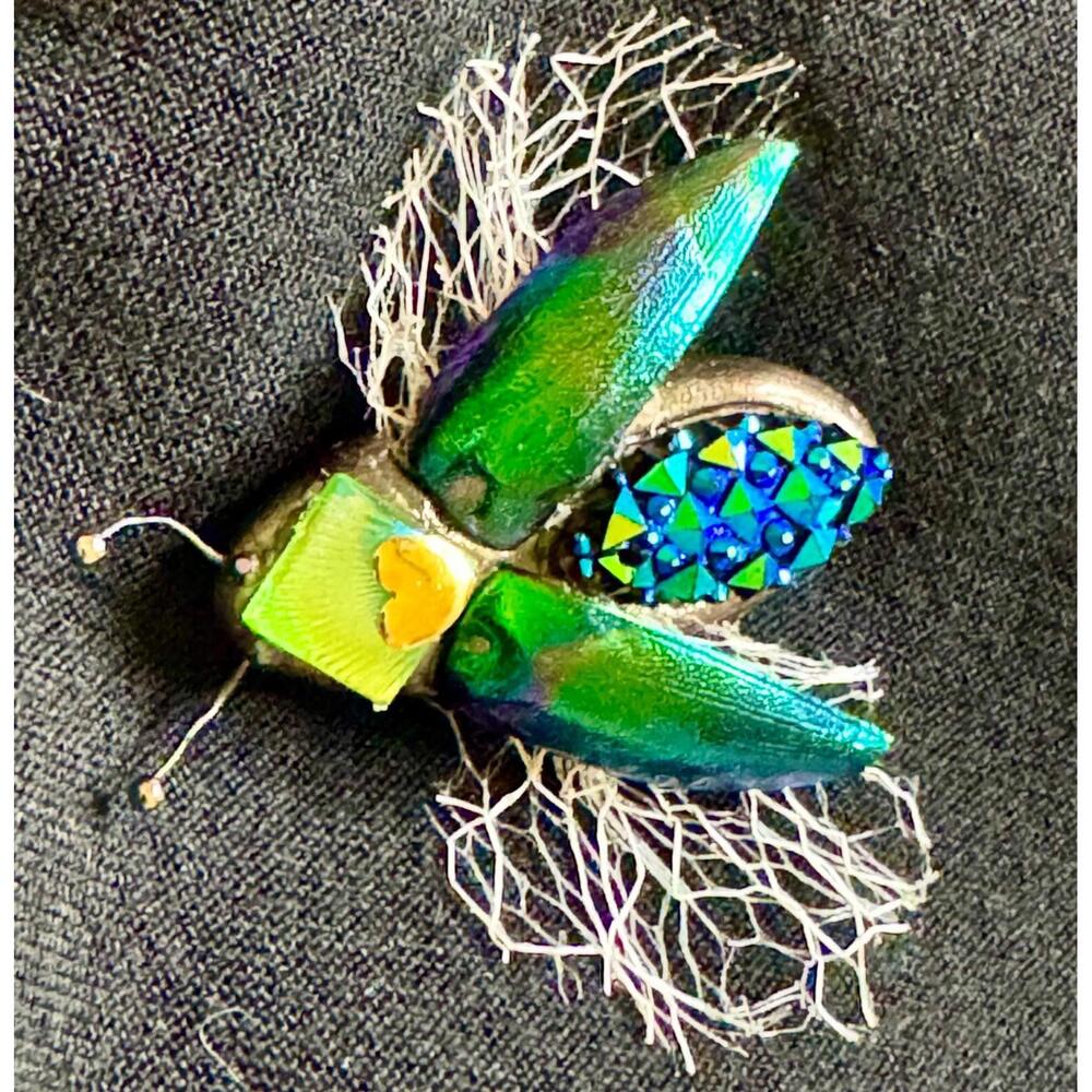 Thai Handcrafted Green Elytra Beetle Pin Brooch & Necklace Real Beetle Wings!